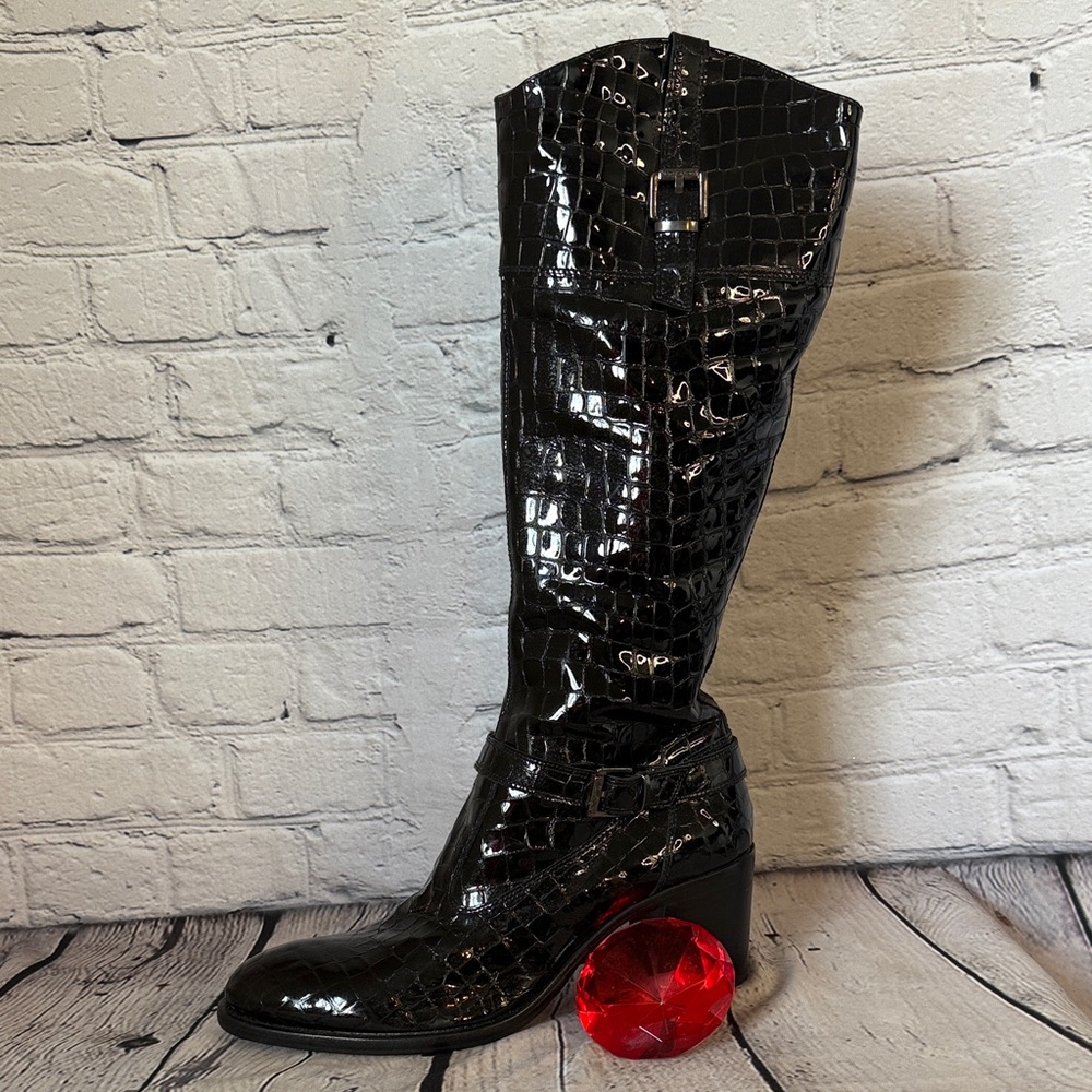 * Black Croc-Embossed Knee-High Boots